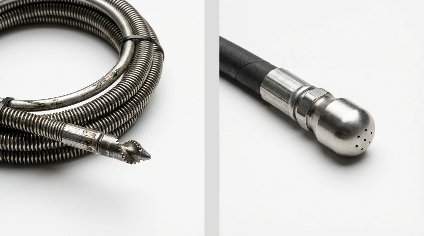 Drain snake cable and hydro jetting nozzle used for drain cleaning in Burlington, WA