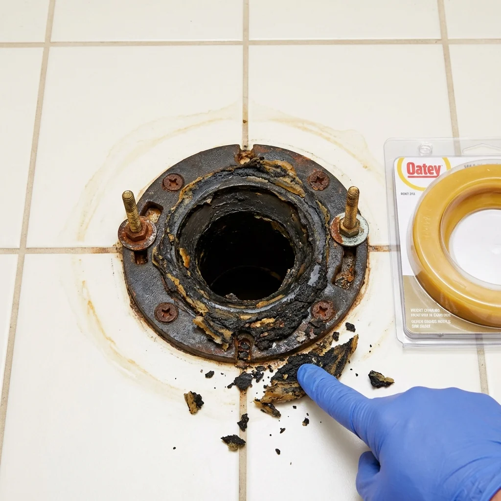 Failed wax ring showing water seepage at the base of a toilet in a Burlington, WA home