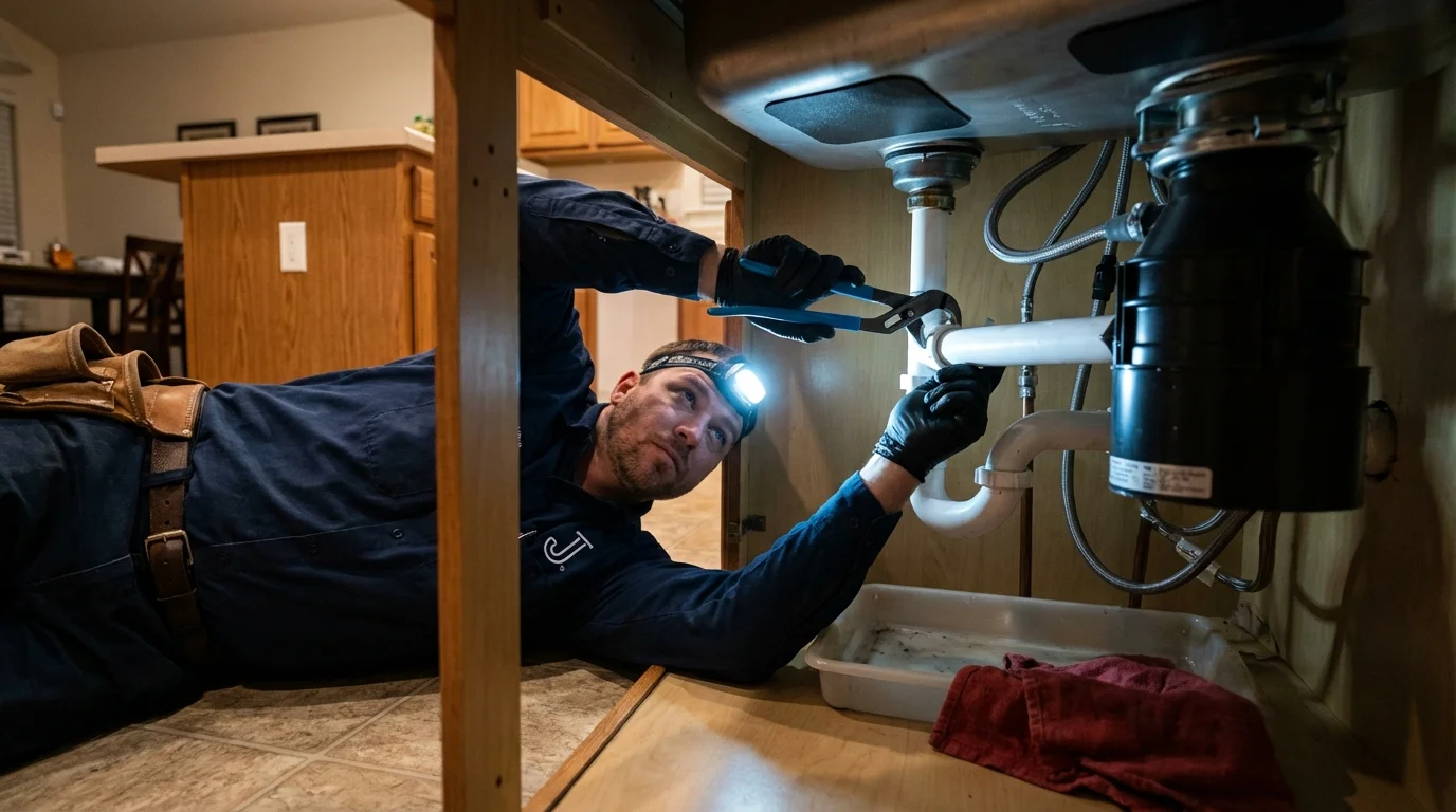 P-trap and supply line connections under a kitchen sink showing a common leak point in Burlington, WA